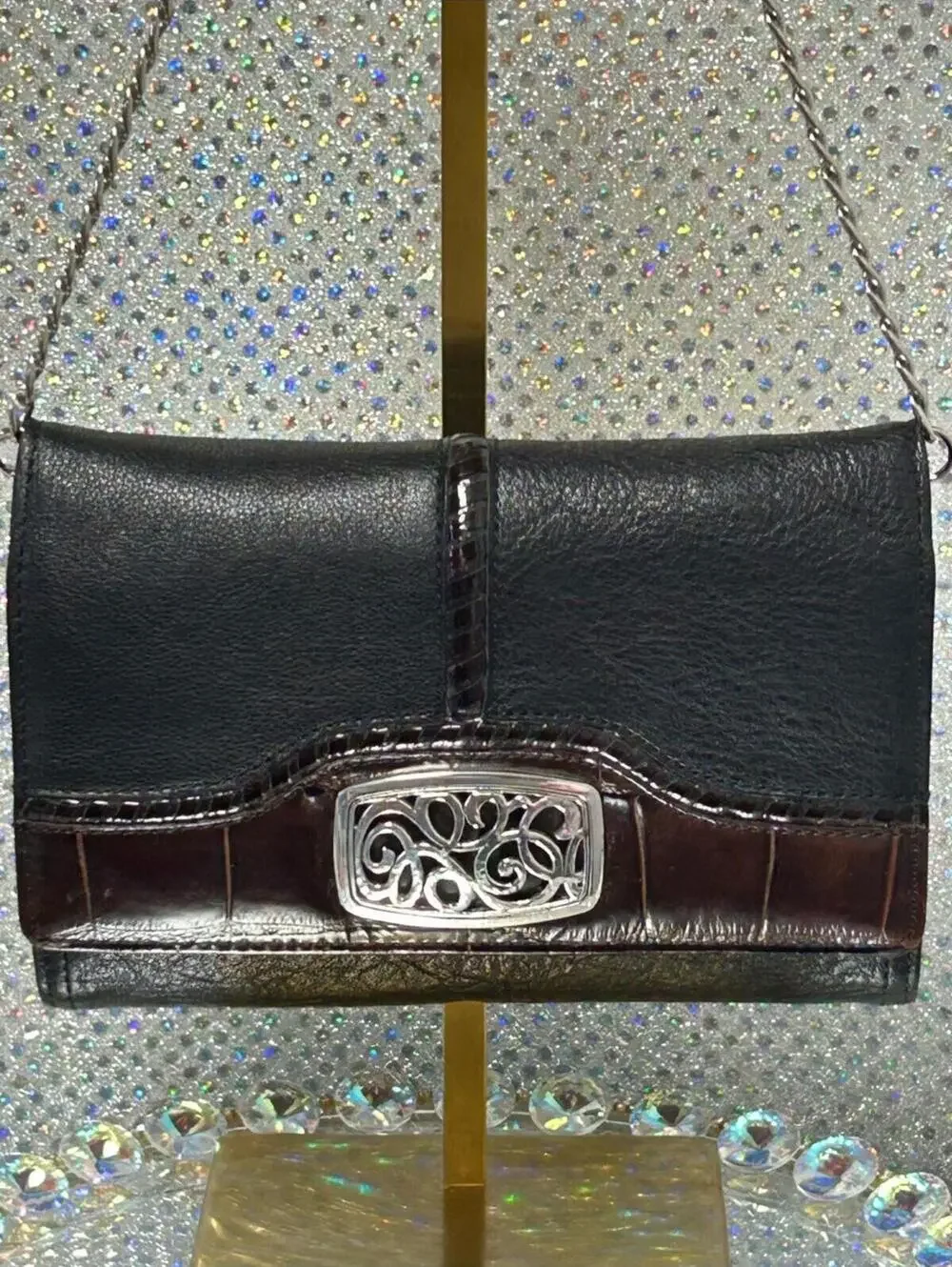 Brighton Black and Brown Leather Shoulder Bag with Silver-Tone Clasp